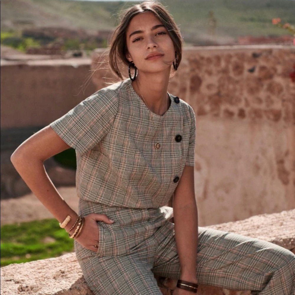 Sezane Ida Blouse in Prince of Wales Ecru Black Orange